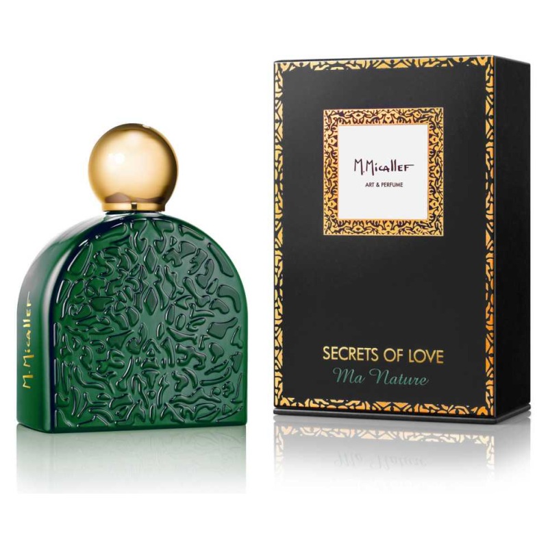 Profumo M. Micallef, Secrets of Love Ma Nature. Flacone verde con dettagli dorati e decorazioni eleganti.