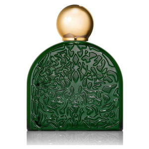 Boccetta di profumo verde con dettagli in rilievo e tappo sferico dorato. Marchio non specificato.