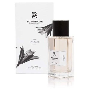 Profumo Botanicæ Expressions Meraki, eau de parfum artigianale in bottiglia elegante con tappo scuro.