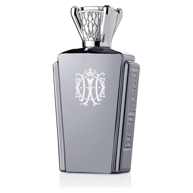 Flacone di profumo Masque Milano con elegante design argentato. Dettagli decorativi raffinati e moderni.
