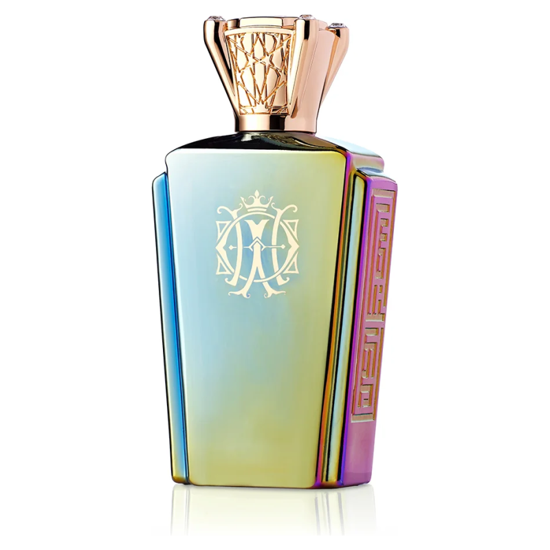 Flacone profumo Ajmal Shiro: design iridescente, dettagli oro rosa, elegante e moderno con decorazioni intricate.