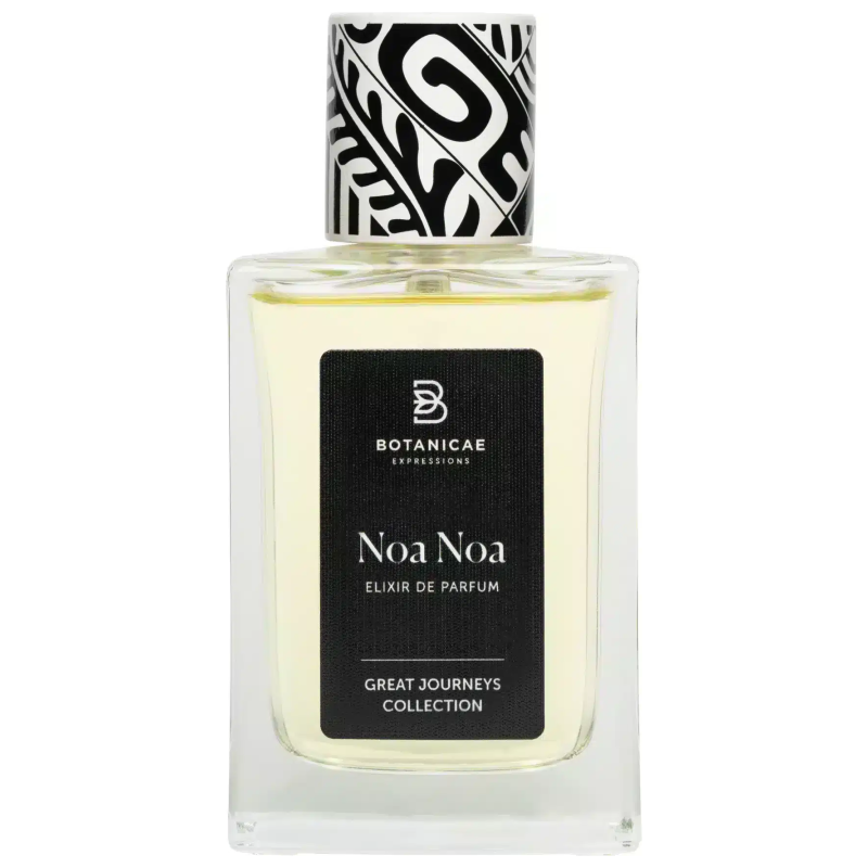 Profumo Noa Noa di Botanicae, Elixir de Parfum. Flacone elegante con tappo decorato in bianco e nero.