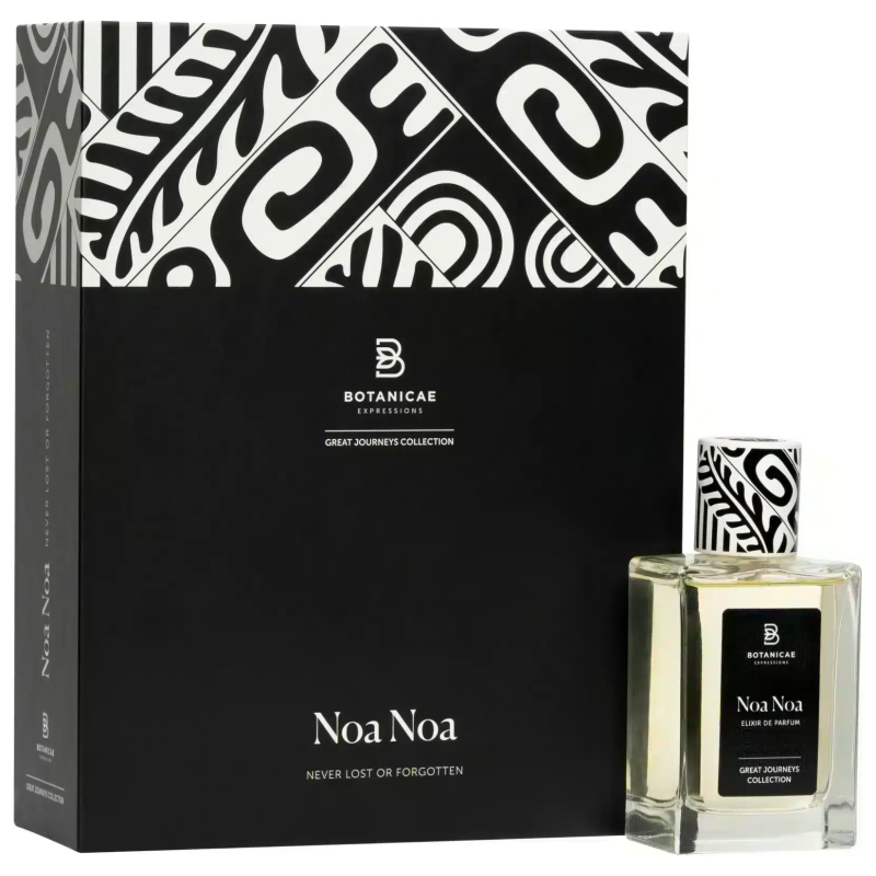 Profumo Noa Noa di Botanicae, confezione nera con motivi tribali, elegante e sofisticata fragranza.