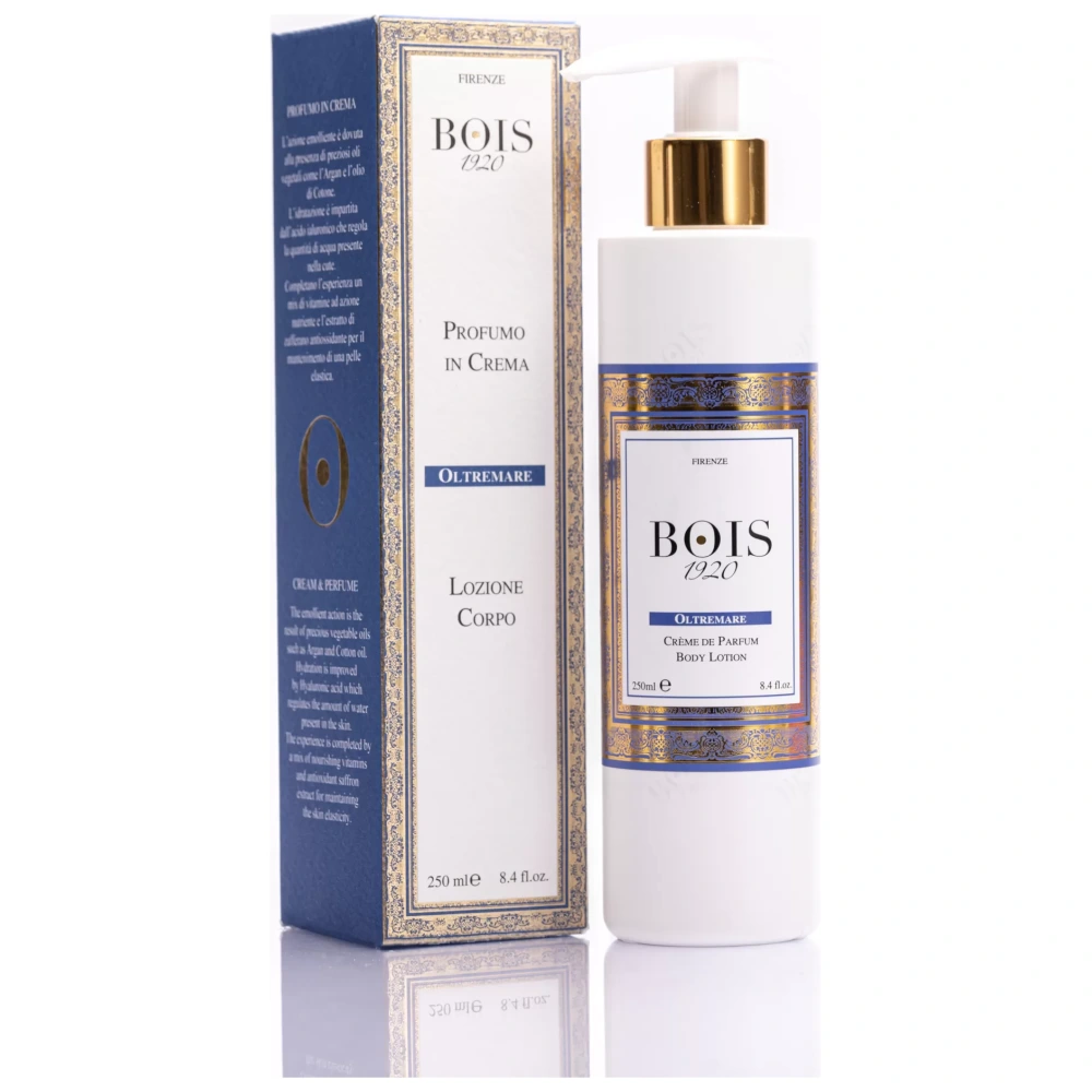 Bois 1920 Oltremare: profumo in crema, flacone bianco con dettagli blu e oro, confezione elegante.