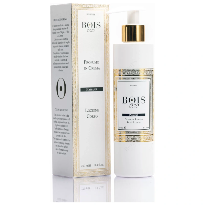 Profumo Bois 1920 Parana, lozione corpo in crema con design elegante bianco e dettagli dorati.