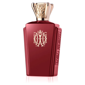 Boccetta di profumo in rosso con dettagli dorati e logo stilizzato, tappo decorato, design elegante.