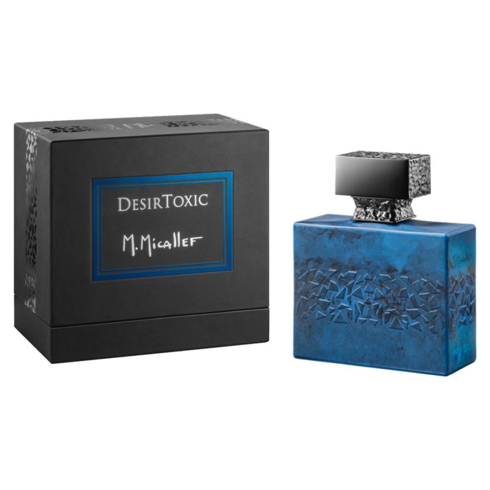 Flacone di profumo blu con dettagli neri, marchio M. Micallef, confezione elegante e moderna.