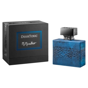 Flacone di profumo blu con dettagli neri, marchio M. Micallef, confezione elegante e moderna.