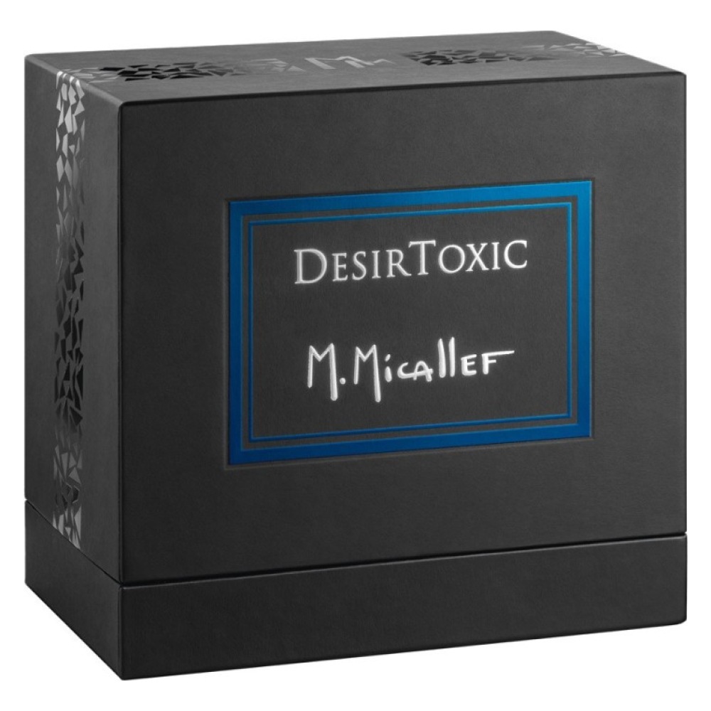 Scatola di profumo DesirToxic di M. Micallef, elegante confezione nera con dettagli blu e scritte bianche.