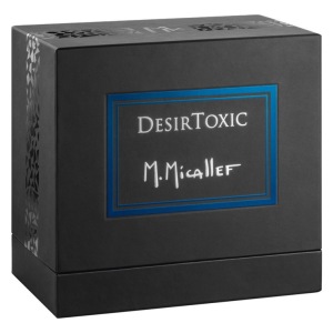 Scatola di profumo DesirToxic di M. Micallef, elegante confezione nera con dettagli blu e scritte bianche.