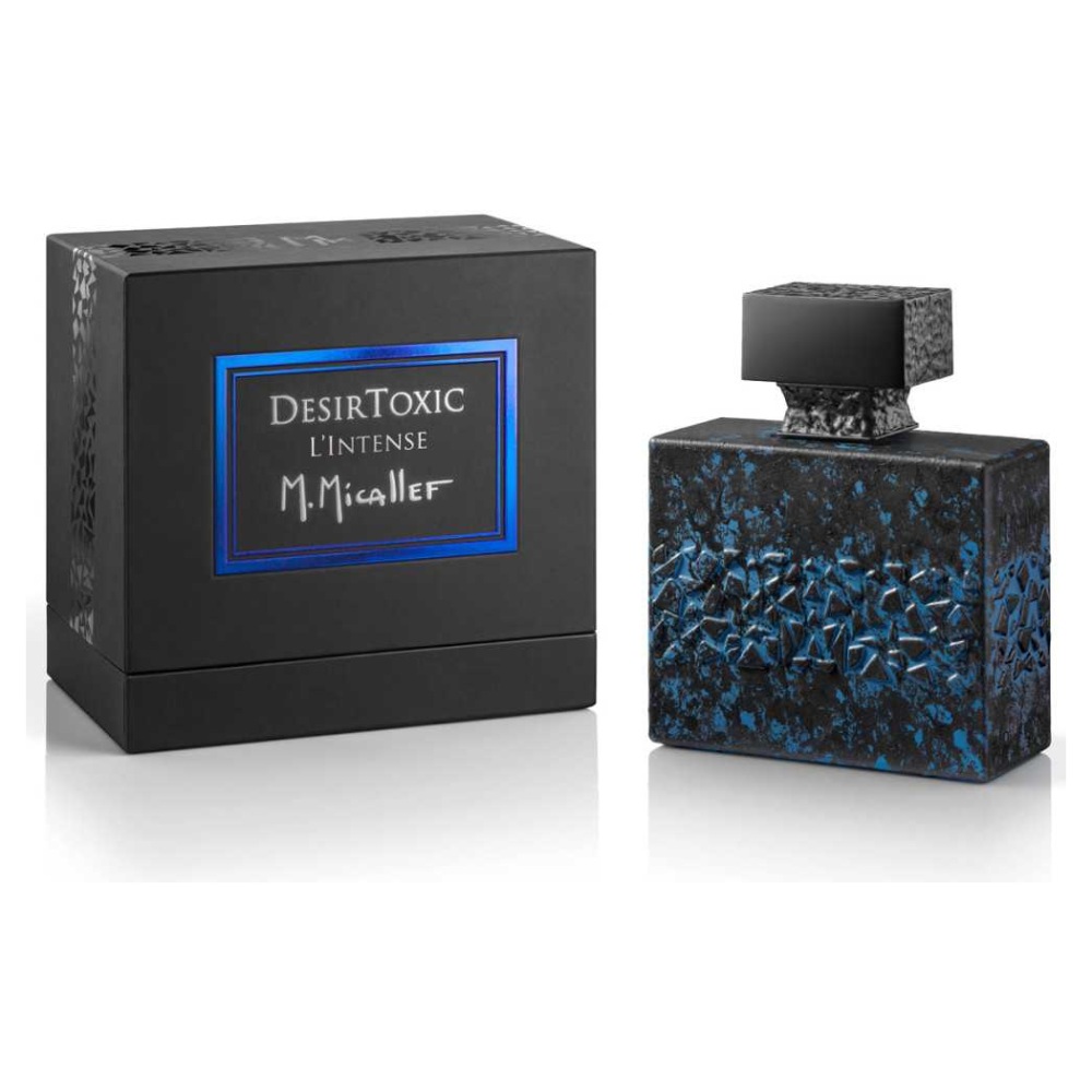 Profumo: DesirToxic L'Intense di M. Micallef. Flacone elegante nero con dettagli blu, confezione abbinata.