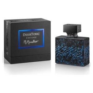 Profumo: DesirToxic L'Intense di M. Micallef. Flacone elegante nero con dettagli blu, confezione abbinata.