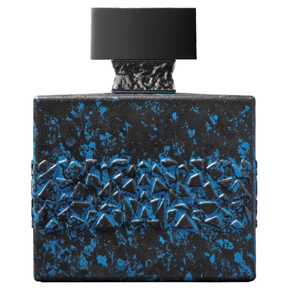Bottiglia di profumo Byredo, design squadrato nero con dettagli blu, tappo nero, stile contemporaneo.