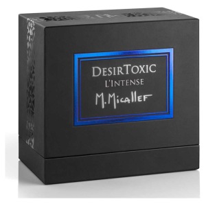 La confezione del profumo DésirToxic L'Intense di M. Micallef è elegante e scura con accenti blu.