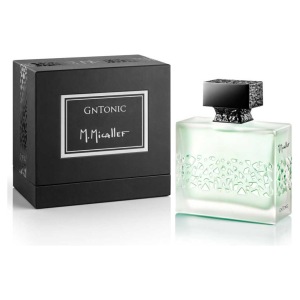 Profumo GnTonic di M. Micallef, flacone elegante con decori, tappi scuri e confezione nera raffinata.