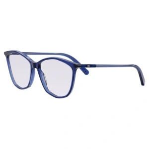Occhiali Dior, montatura blu trasparente, forma a farfalla.