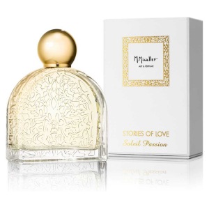 Profumo M. Micallef Soleil Passion: flacone elegante con dettagli dorati e rilievi artistici, confezione di lusso.
