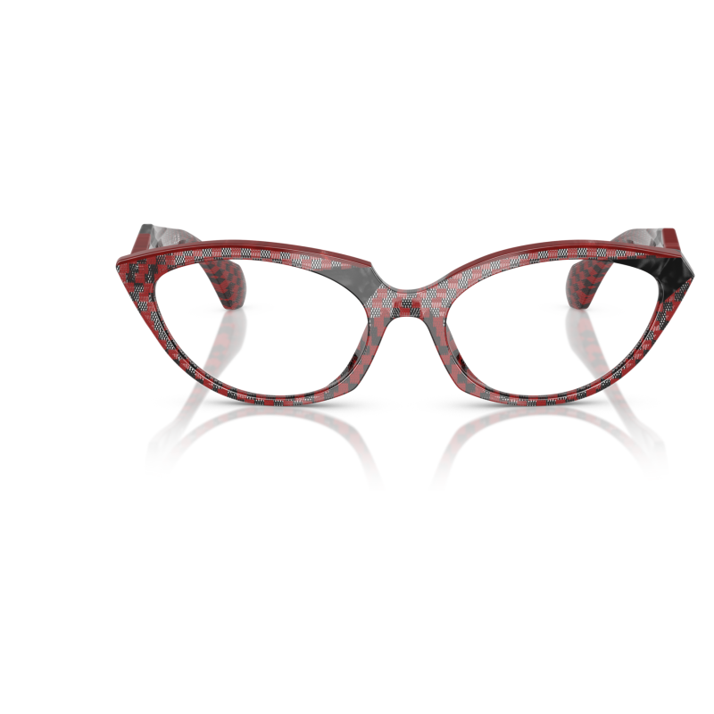 Occhiali cat-eye, montatura fantasia rosso e nero, motivo a quadri, design elegante e retrò.
