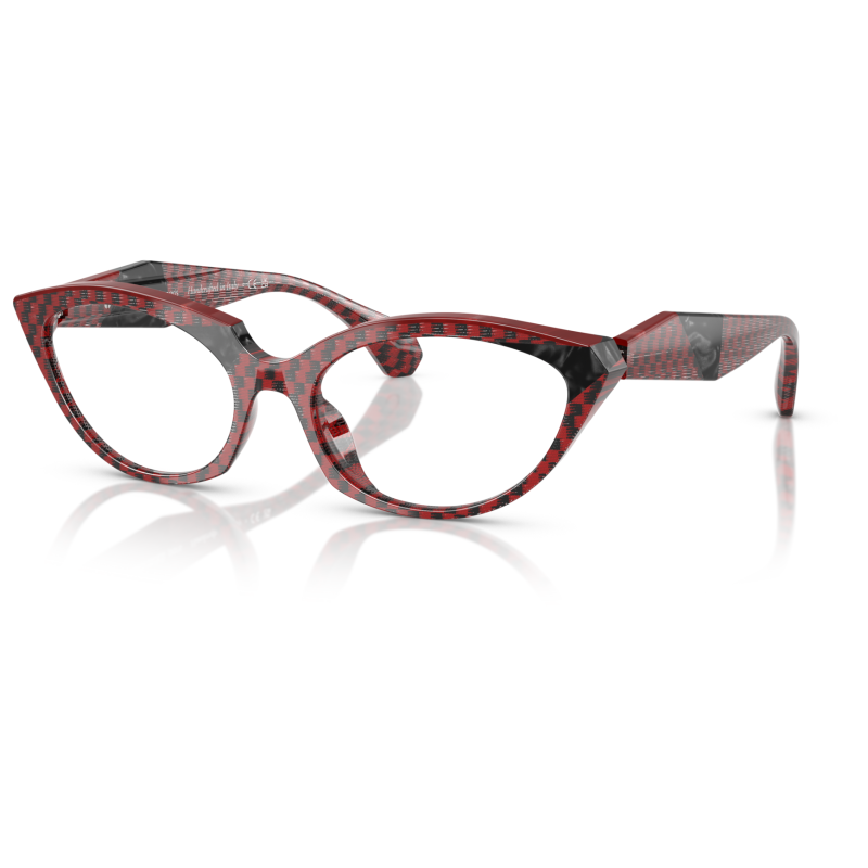 Occhiale cat-eye con montatura a motivo tartan rosso e nero, dal design elegante e audace.