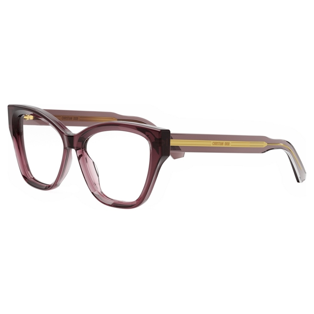 Occhiali Christian Dior cat-eye, montatura spessa viola trasparente, dettaglio dorato sulle aste.