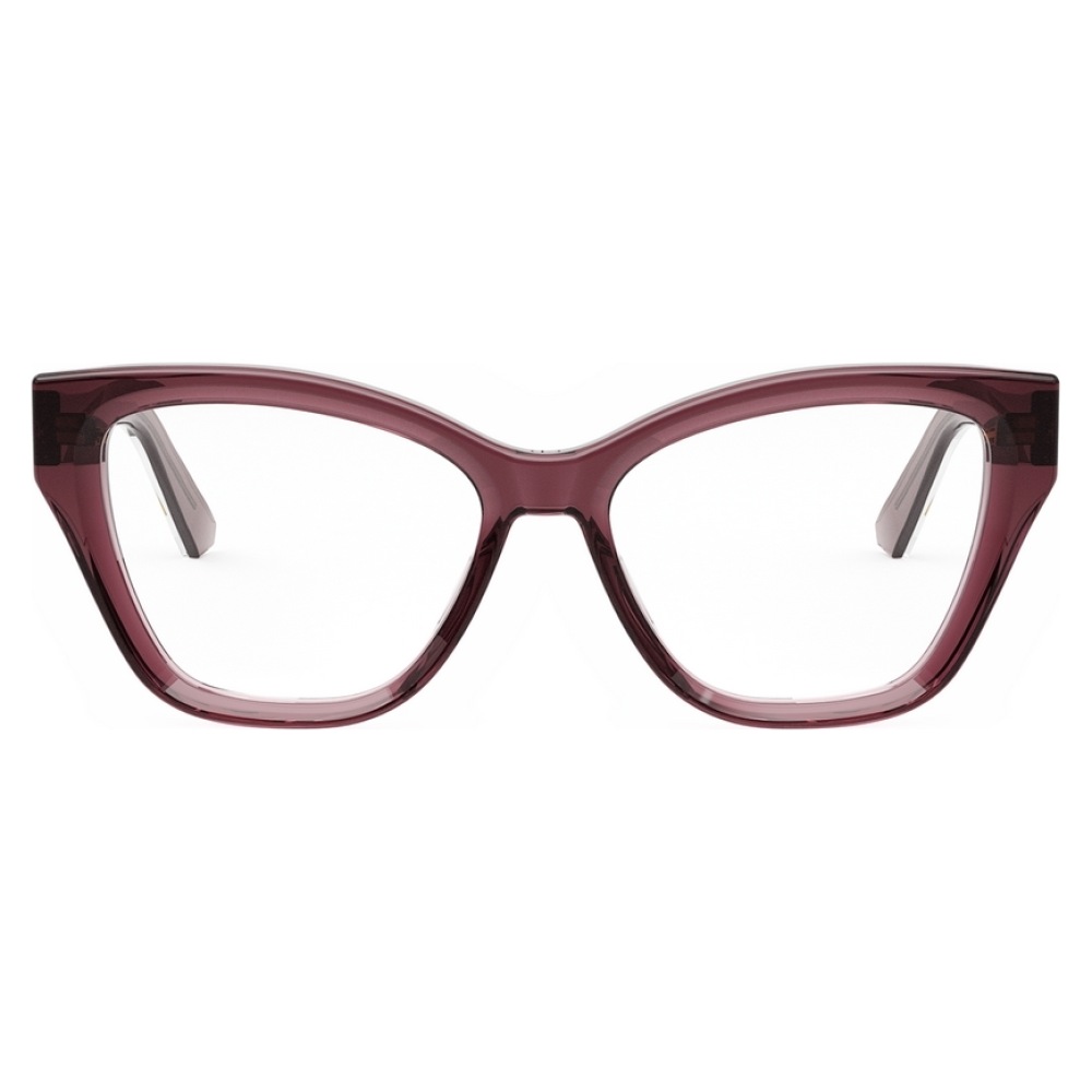 Occhiali cat-eye color bordeaux. Montatura spessa, forma distintiva elegante e moderna. Marchio sconosciuto.