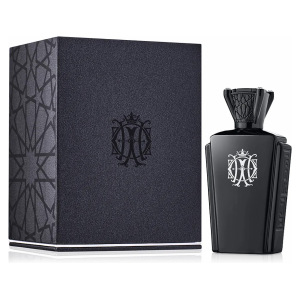 Profumo lussuoso con bottiglia nera e dettagli artistici, design elegante. Confezione coordinata.