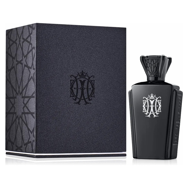Profumo lussuoso con bottiglia nera e dettagli artistici, design elegante. Confezione coordinata.
