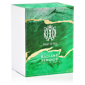 Profumo Radiant Peridot di Attar al Has, confezione verde lussuosa con dettagli dorati.