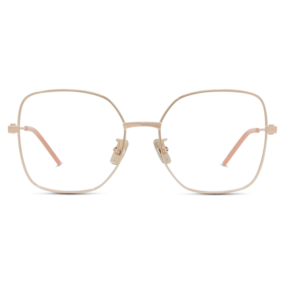 Occhiali da vista con montatura quadrata sottile in metallo dorato, stile elegante e minimalista.