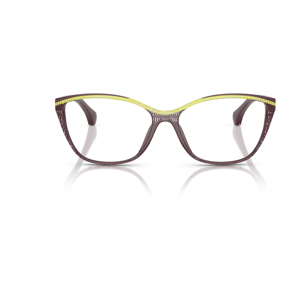 Occhiali cat-eye, montatura marrone con bordo superiore giallo. Design moderno, elegante e color contrastante.