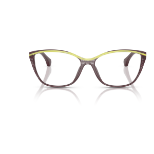 0A03502M__002__P21__shad__fr Occhiali cat-eye, montatura marrone con bordo superiore giallo. Design moderno, elegante e color contrastante.