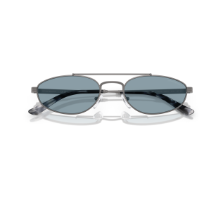 Occhiali Emporio Armani, montatura in metallo grigio, forma ovale, lenti blu, design elegante e moderno.