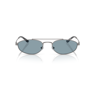 Occhiali da sole Emporio Armani, montatura metallica argento, forma ovale e lenti blu.