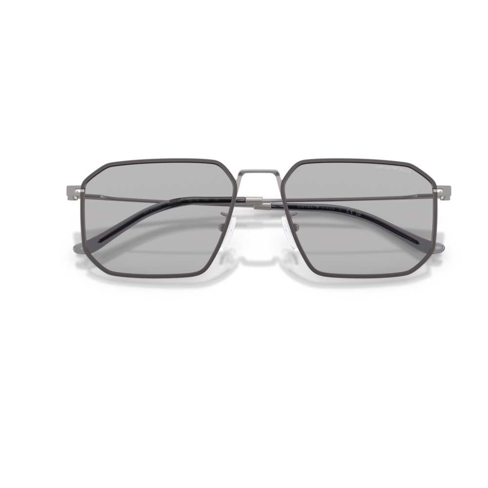 Occhiali Emporio Armani, montatura geometrica in metallo argentato, forma rettangolare, stile moderno.