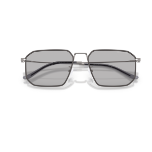Occhiali Emporio Armani, montatura geometrica in metallo argentato, forma rettangolare, stile moderno.