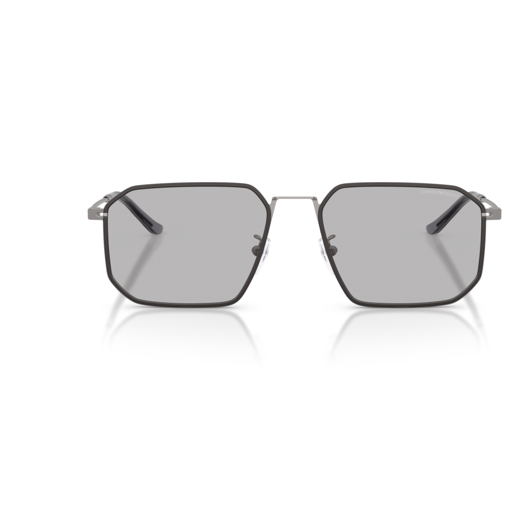 Occhiale Emporio Armani, montatura metallica grigia, forma rettangolare con lenti grigie.