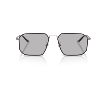 Occhiale Emporio Armani, montatura metallica grigia, forma rettangolare con lenti grigie.