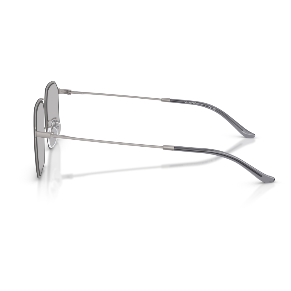Occhiali Emporio Armani, montatura sottile in metallo grigio, design leggero e minimale.