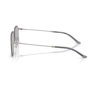 Occhiali Emporio Armani, montatura sottile in metallo grigio, design leggero e minimale.