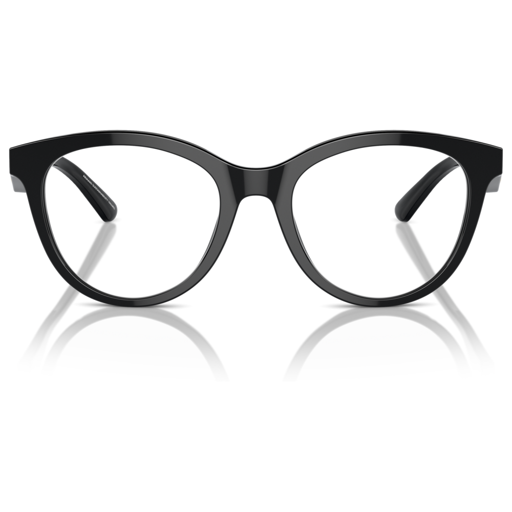 Occhiali neri a forma di cat-eye, montatura spessa e lucida. Marchio non visibile.