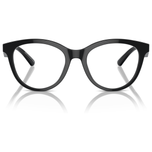 Occhiali neri a forma di cat-eye, montatura spessa e lucida. Marchio non visibile.