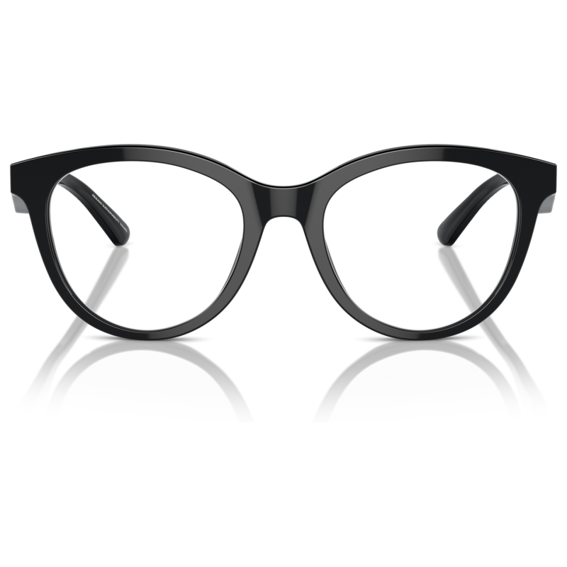 Occhiali neri a forma di cat-eye, montatura spessa e lucida. Marchio non visibile.