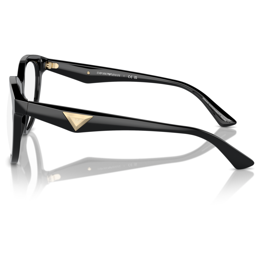 Occhiali Emporio Armani, montatura nera rettangolare con dettagli dorati.