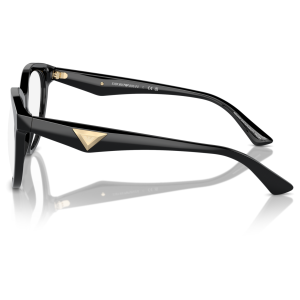 Occhiali Emporio Armani, montatura nera rettangolare con dettagli dorati.