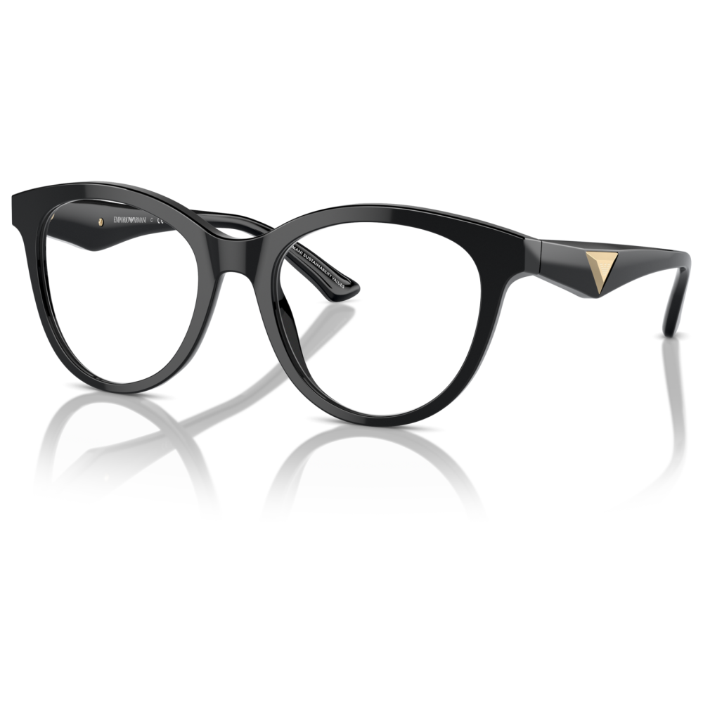 Occhiali Emporio Armani, montatura nera forma cat-eye, dettaglio triangolo dorato sulle aste.