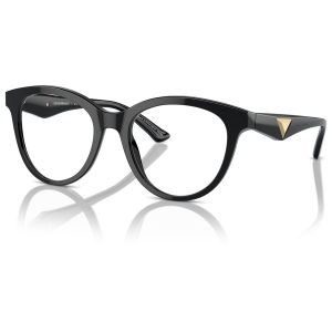 Occhiali Emporio Armani, montatura nera forma cat-eye, dettaglio triangolo dorato sulle aste.