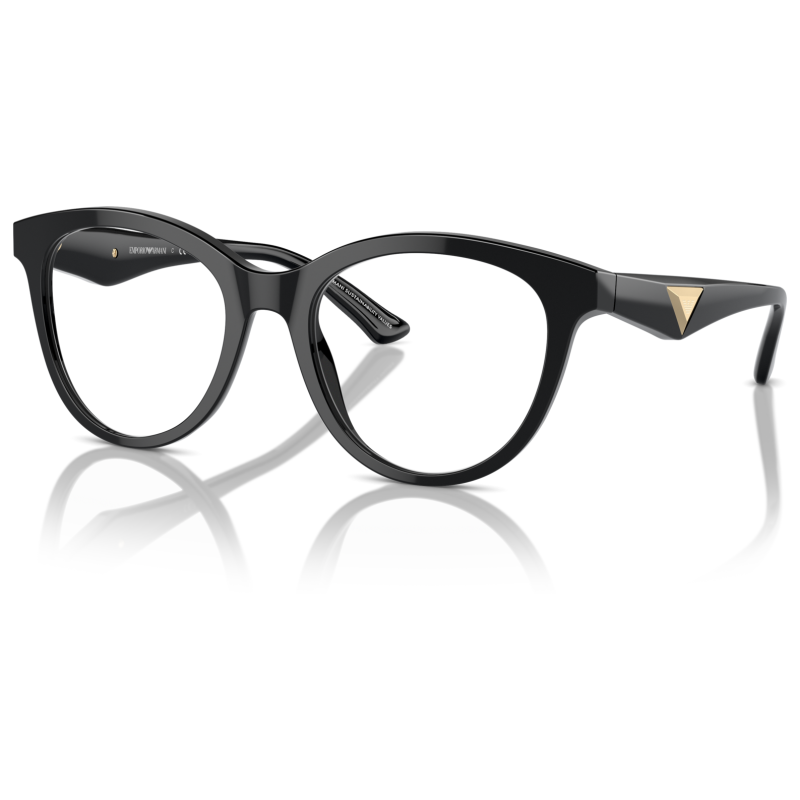 Occhiali Emporio Armani, montatura nera forma cat-eye, dettaglio triangolo dorato sulle aste.