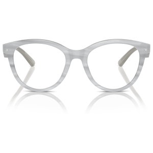Occhiali da vista con montatura trasparente in acetato, forma tondeggiante. Marchio non visibile.
