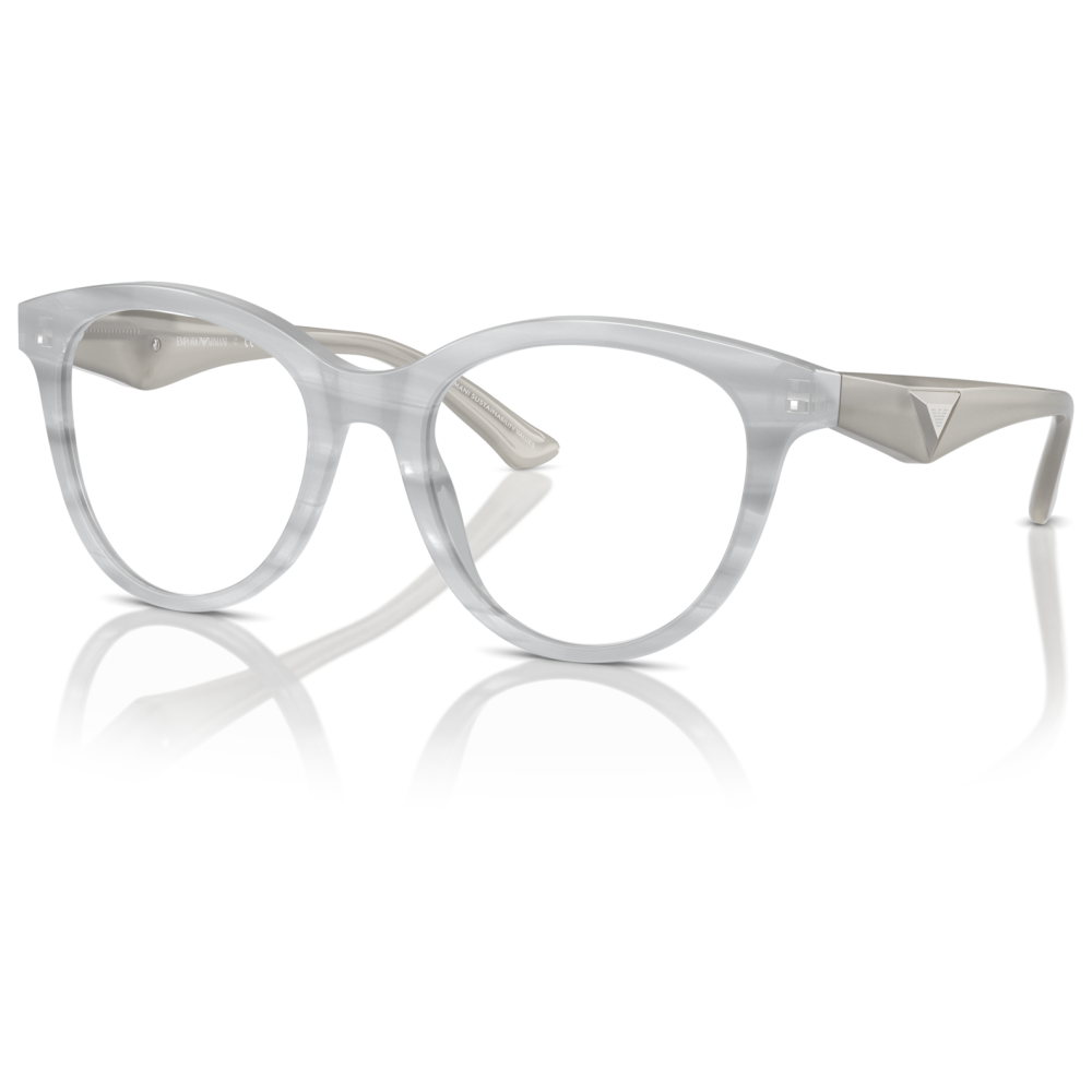 Occhiali Emporio Armani, montatura trasparente e opaca, forma arrotondata e stile moderno ed elegante.