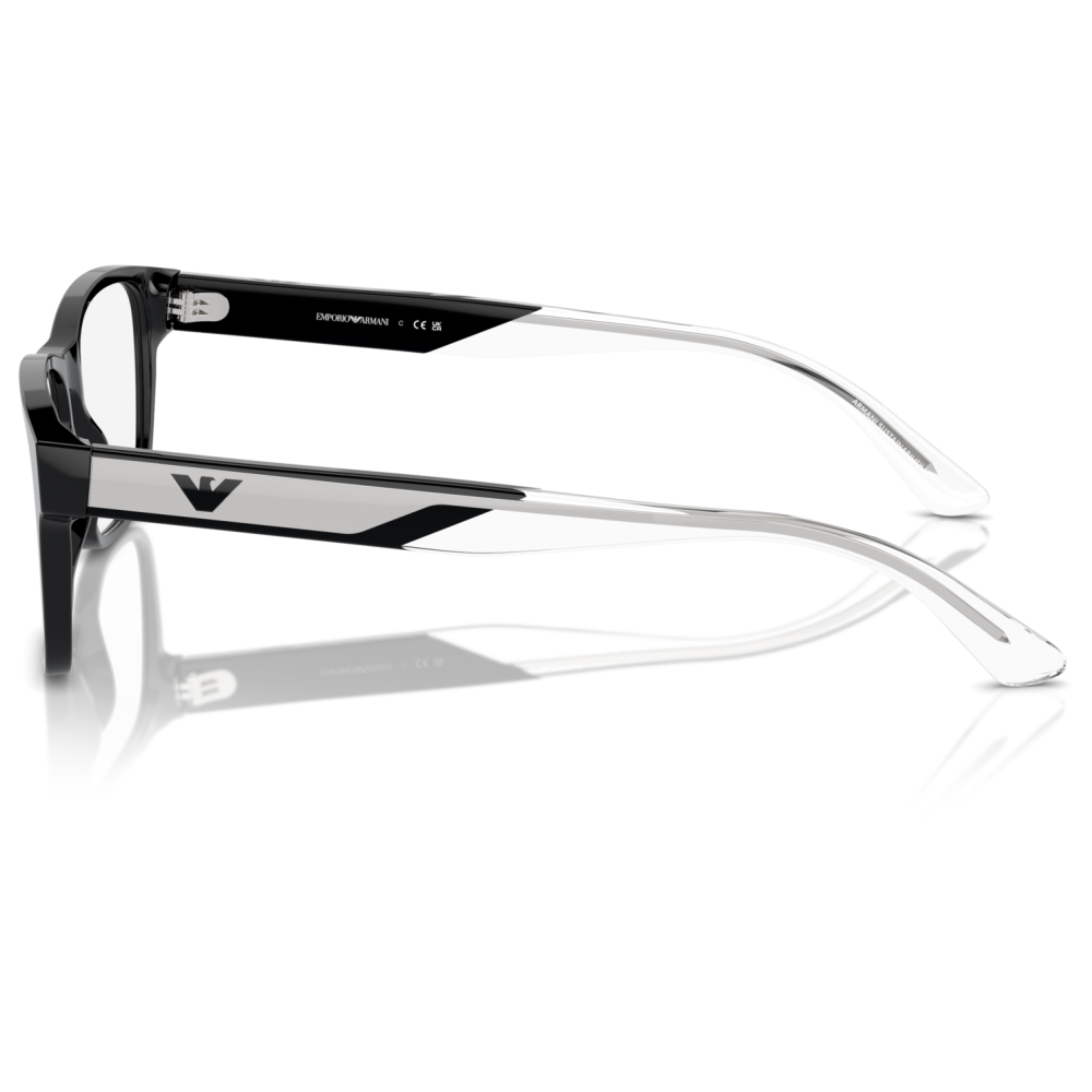 Occhiale Emporio Armani, montatura rettangolare, colore nero e bianco, logo laterale.